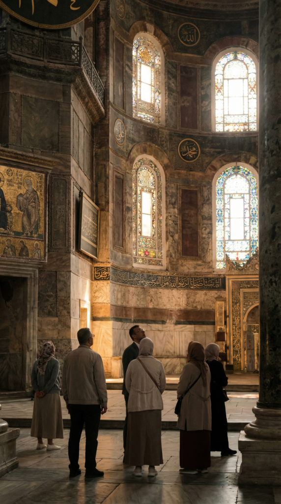 Interior of a historic mosque with detailed architecture and visitors observing quietly.