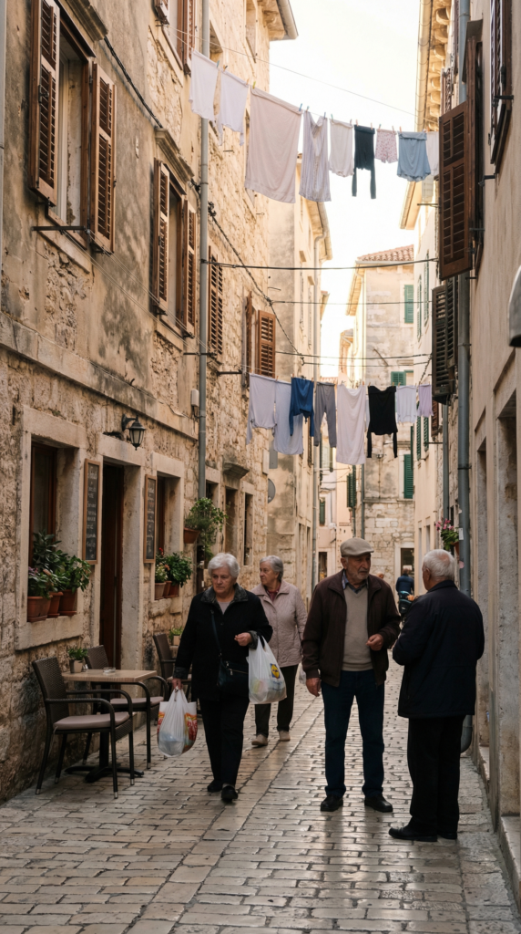 Narrow residential street in a historic European neighborhood with locals walking.