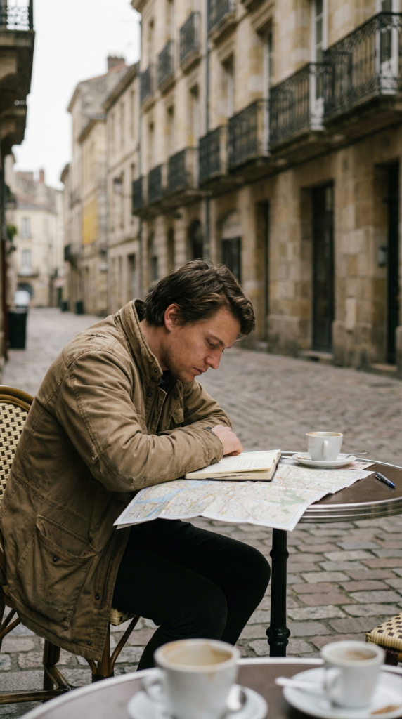 Solo traveler reviewing a map and notebook at a quiet café table in a European city.