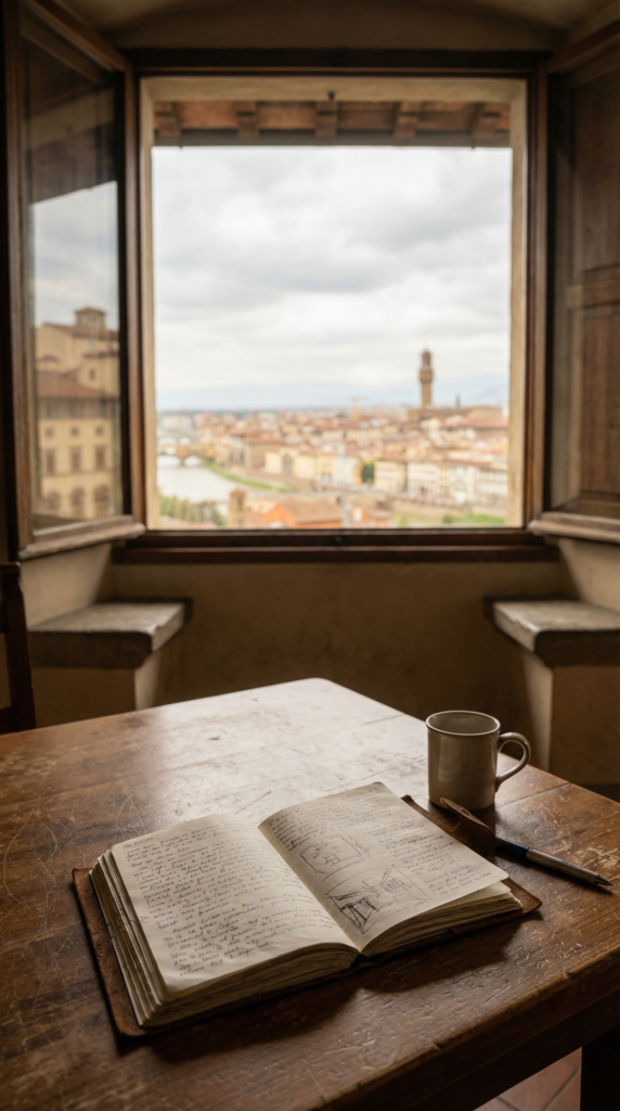 Open travel journal on a wooden table near a window overlooking a city.