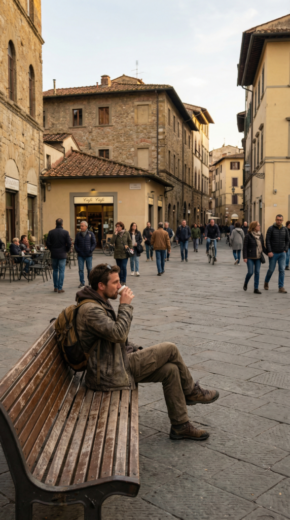 Traveler sitting on a bench in a public square watching daily life unfold.