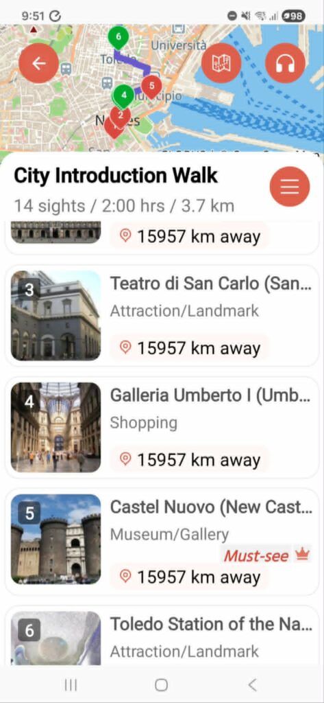 GPSMyCity app displaying a self-guided walking tour route in Naples.